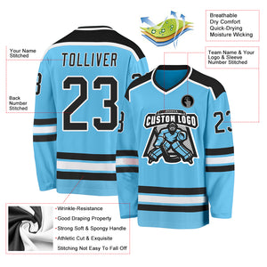 Custom Sky Blue Black-White Hockey Jersey