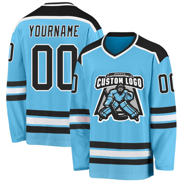 Custom Sky Blue Black-White Hockey Jersey