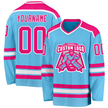 Custom Sky Blue Hot Pink-White Hockey Jersey