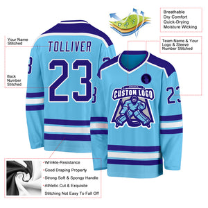 Custom Sky Blue Purple-White Hockey Jersey