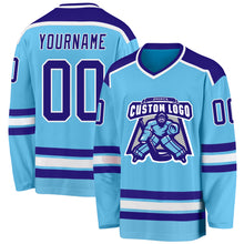 Load image into Gallery viewer, Custom Sky Blue Purple-White Hockey Jersey
