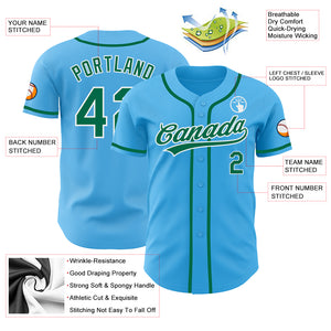 Custom Sky Blue Kelly Green-White Authentic Baseball Jersey