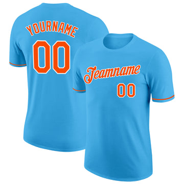 Custom Sky Blue Orange-White Performance T-Shirt