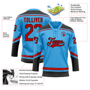 Custom Sky Blue Red-Black Hockey Lace Neck Jersey