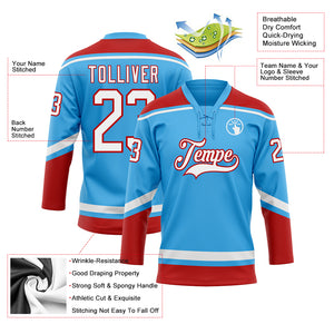 Custom Sky Blue White-Red Hockey Lace Neck Jersey