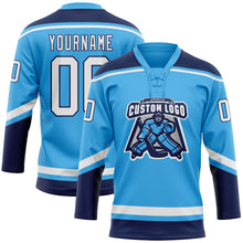 Load image into Gallery viewer, Custom Sky Blue White-Navy Hockey Lace Neck Jersey
