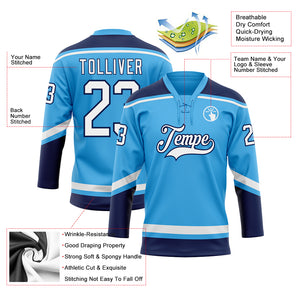 Custom Sky Blue White-Navy Hockey Lace Neck Jersey