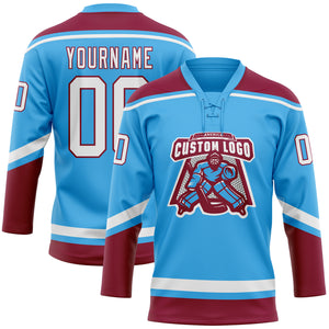 Custom Sky Blue White-Maroon Hockey Lace Neck Jersey