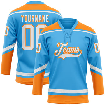 Custom Sky Blue White-Bay Orange Hockey Lace Neck Jersey
