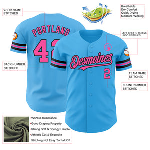 Custom Sky Blue Pink-Black Authentic Baseball Jersey