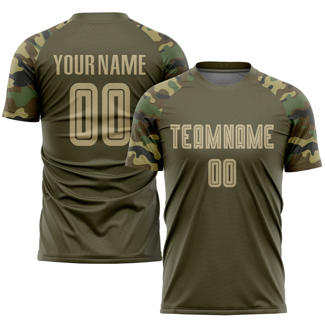 Custom Olive Vegas Gold-Camo Sublimation Salute To Service Soccer Uniform Jersey