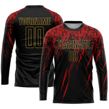 Load image into Gallery viewer, Custom Black Black Old Gold-Red Sublimation Soccer Uniform Jersey
