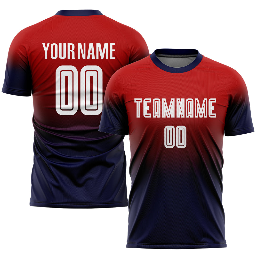Custom Red White-Navy Sublimation Fade Fashion Soccer Uniform Jersey
