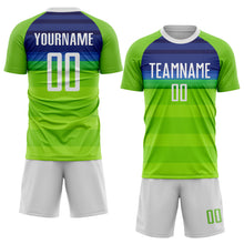 Load image into Gallery viewer, Custom Neon Green White-Royal Sublimation Soccer Uniform Jersey
