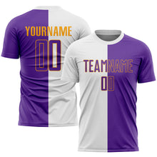 Load image into Gallery viewer, Custom White Purple-Gold Sublimation Split Fashion Soccer Uniform Jersey
