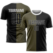 Load image into Gallery viewer, Custom Olive Black-White Sublimation Split Fashion Salute To Service Soccer Uniform Jersey
