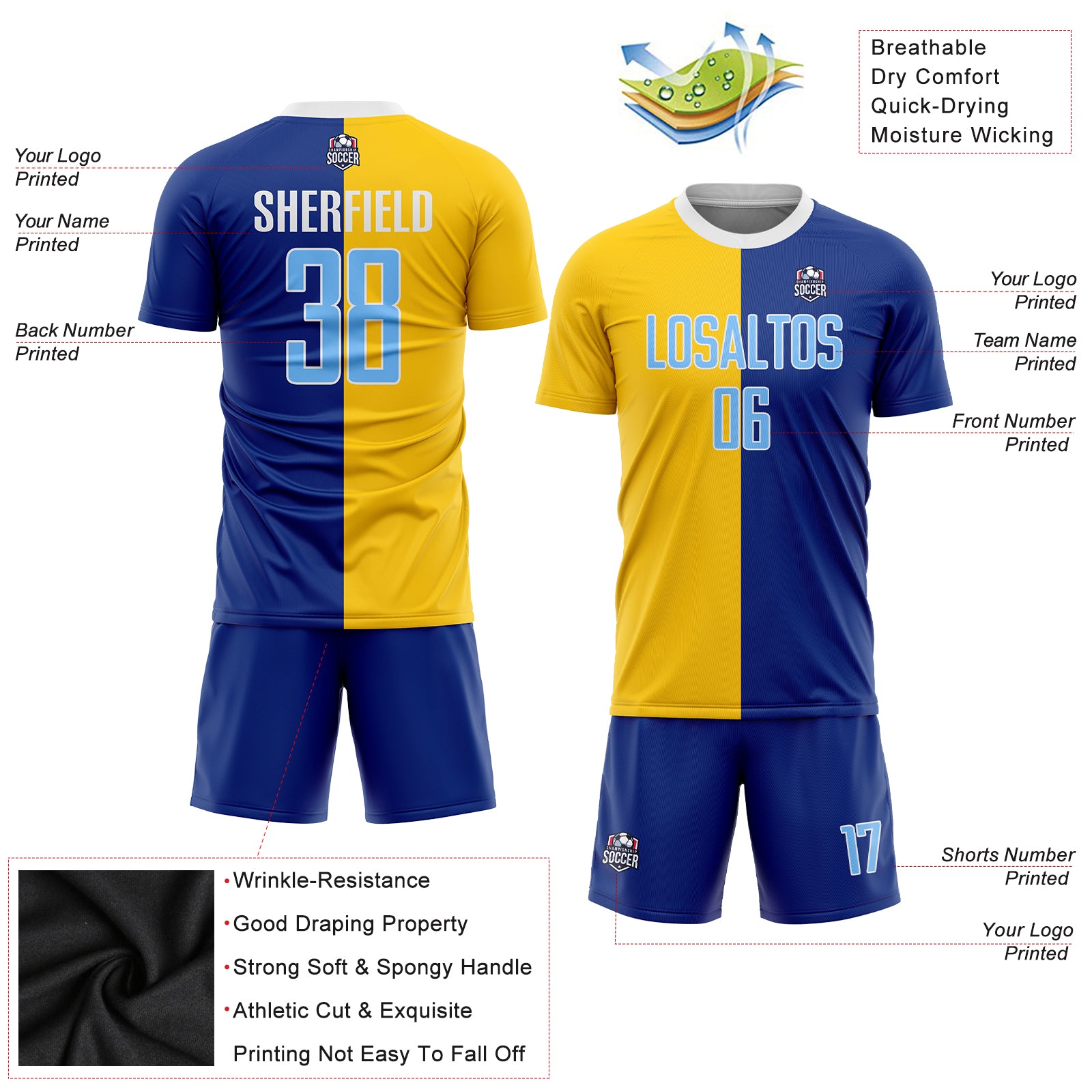 Custom Aqua Blue Gold-Purple Sublimation Soccer Uniform Jersey Fast  Shipping – FiitgCustom
