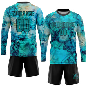 Custom Tie Dye Teal-Black Sublimation Soccer Uniform Jersey