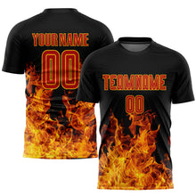 Load image into Gallery viewer, Custom Black Red-Gold Flame Sublimation Soccer Uniform Jersey
