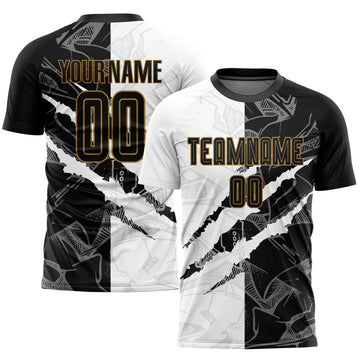 Custom Graffiti Pattern Black-Old Gold Scratch Sublimation Soccer Uniform Jersey