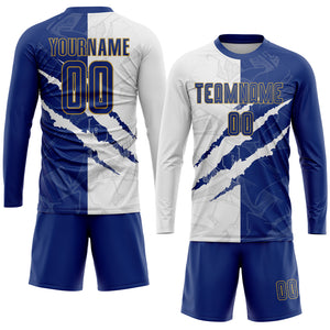 Custom Graffiti Pattern Royal White-Old Gold Sublimation Soccer Uniform Jersey