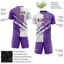 Load image into Gallery viewer, Custom Graffiti Pattern Purple White-Old Gold Sublimation Soccer Uniform Jersey
