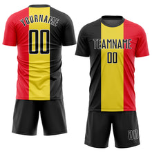 Load image into Gallery viewer, Custom Gold Black Red-White Sublimation Belgian Flag Soccer Uniform Jersey
