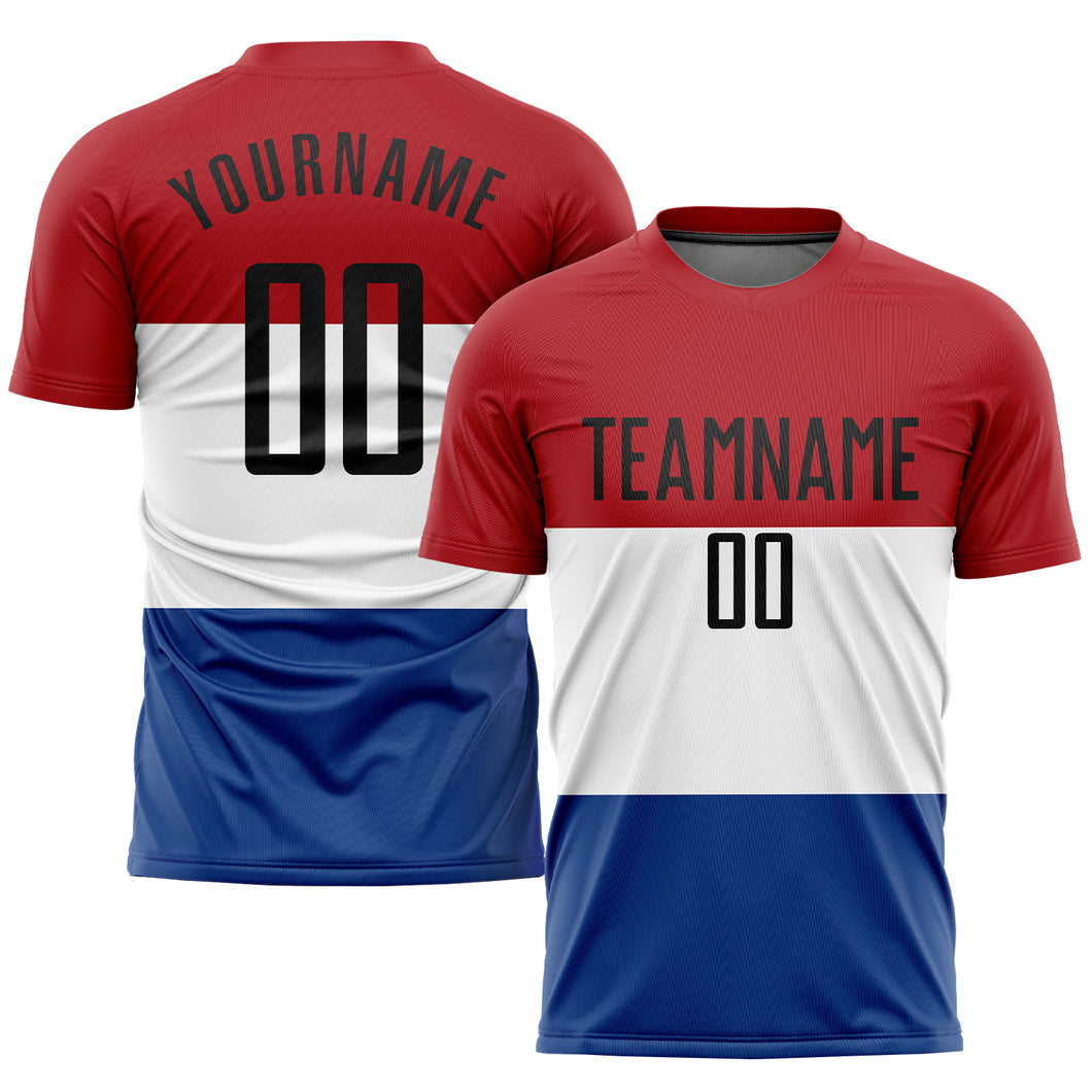 Custom Red Black White-Royal Sublimation Dutch Flag Soccer Uniform Jersey