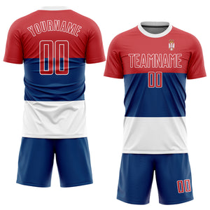 Custom Royal Red-White Sublimation Serbian Flag Soccer Uniform Jersey