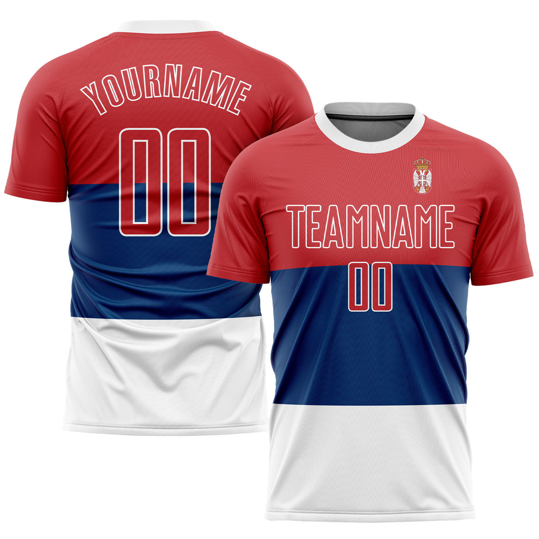 Custom Royal Red-White Sublimation Serbian Flag Soccer Uniform Jersey