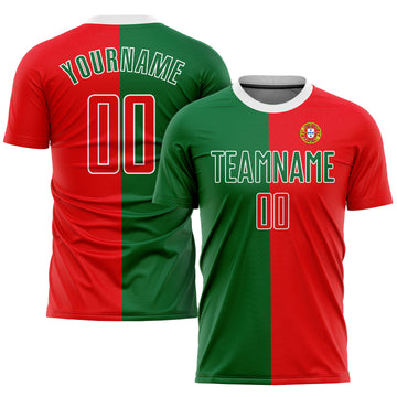 Custom Kelly Green Red-White Sublimation Portuguese Flag Soccer Uniform Jersey