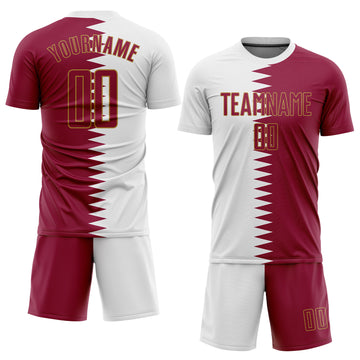 Custom White Crimson-Old Gold Sublimation Qatari Flag Soccer Uniform Jersey