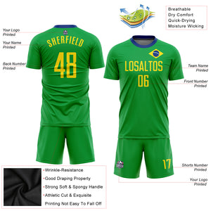 Custom Neon Green Gold-Royal Sublimation Brazilian Flag Soccer Uniform Jersey