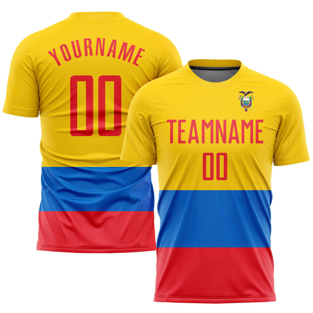 Custom Gold Red-Royal Sublimation Ecuador Flag Soccer Uniform Jersey