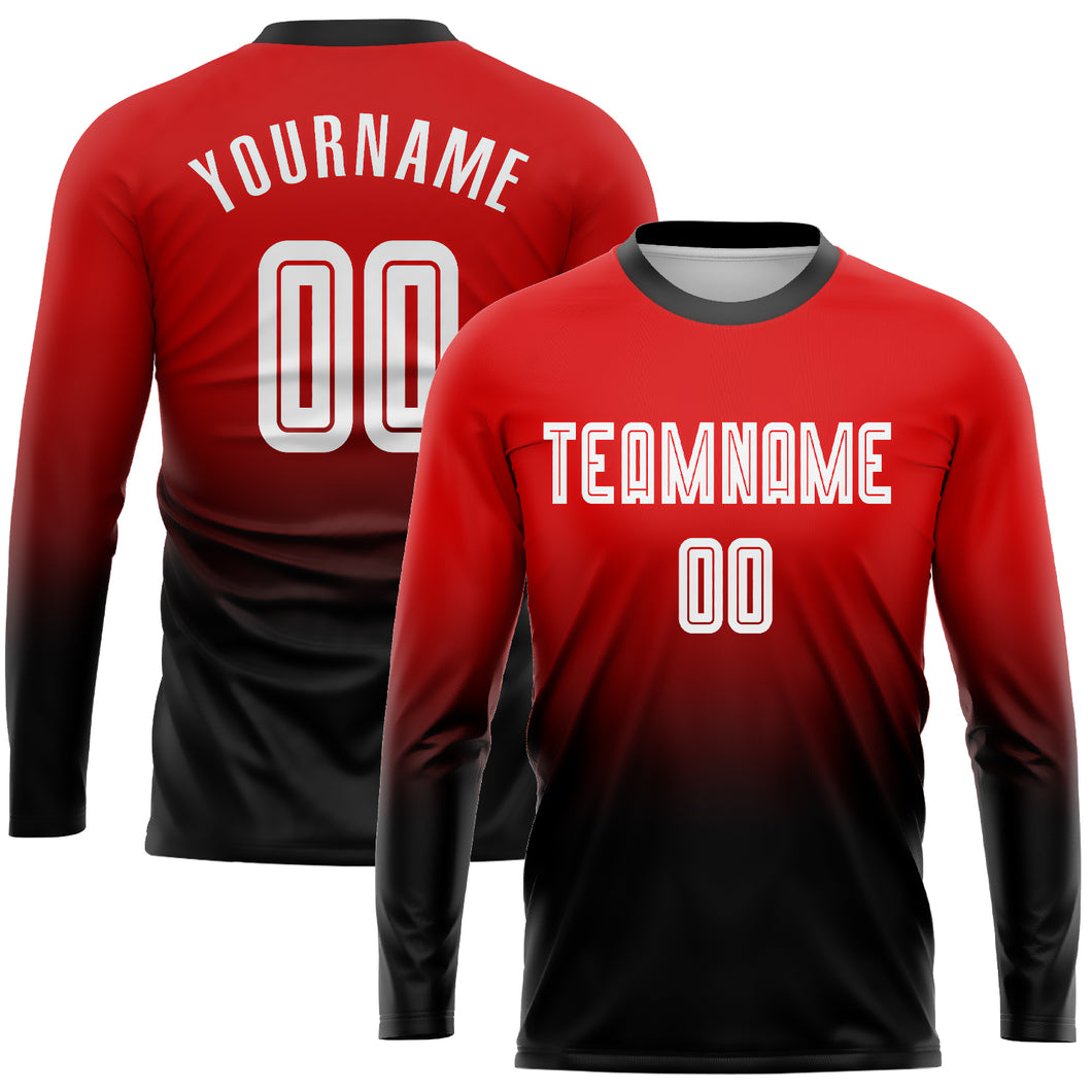 Custom Red White-Black Sublimation Long Sleeve Fade Fashion Soccer Uniform Jersey