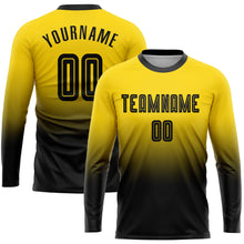 Load image into Gallery viewer, Custom Gold Black Sublimation Long Sleeve Fade Fashion Soccer Uniform Jersey
