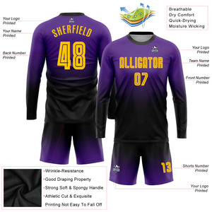 Custom Purple Gold-Black Sublimation Long Sleeve Fade Fashion Soccer Uniform Jersey