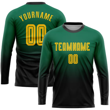 Custom Kelly Green Gold-Black Sublimation Long Sleeve Fade Fashion Soccer Uniform Jersey