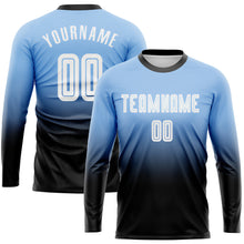 Load image into Gallery viewer, Custom Light Blue White-Black Sublimation Long Sleeve Fade Fashion Soccer Uniform Jersey
