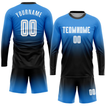 Custom Powder Blue White-Black Sublimation Long Sleeve Fade Fashion Soccer Uniform Jersey