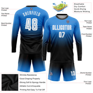 Custom Powder Blue White-Black Sublimation Long Sleeve Fade Fashion Soccer Uniform Jersey