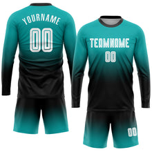 Load image into Gallery viewer, Custom Aqua White-Black Sublimation Long Sleeve Fade Fashion Soccer Uniform Jersey
