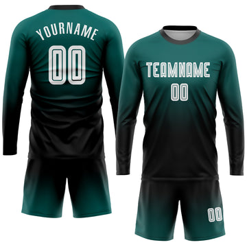 Custom Midnight Green White-Black Sublimation Long Sleeve Fade Fashion Soccer Uniform Jersey