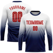 Load image into Gallery viewer, Custom White Red-Navy Sublimation Long Sleeve Fade Fashion Soccer Uniform Jersey
