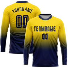 Load image into Gallery viewer, Custom Gold Navy Sublimation Long Sleeve Fade Fashion Soccer Uniform Jersey
