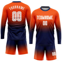 Load image into Gallery viewer, Custom Orange White-Navy Sublimation Long Sleeve Fade Fashion Soccer Uniform Jersey

