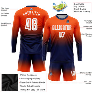 Custom Orange White-Navy Sublimation Long Sleeve Fade Fashion Soccer Uniform Jersey