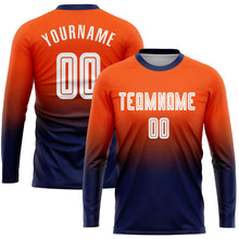 Load image into Gallery viewer, Custom Orange White-Navy Sublimation Long Sleeve Fade Fashion Soccer Uniform Jersey
