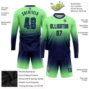 Custom Pea Green Navy Sublimation Long Sleeve Fade Fashion Soccer Uniform Jersey