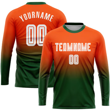 Custom Orange White-Green Sublimation Long Sleeve Fade Fashion Soccer Uniform Jersey